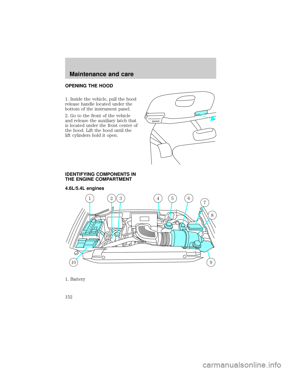 FORD EXPEDITION 1998 1.G Owners Manual OPENING THE HOOD
1. Inside the vehicle, pull the hood
release handle located under the
bottom of the instrument panel.
2. Go to the front of the vehicle
and release the auxiliary latch that
is located