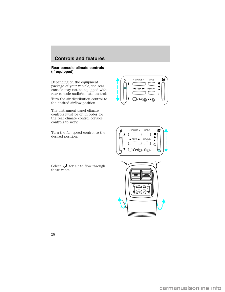 FORD EXPEDITION 1998 1.G Owners Manual Rear console climate controls
(if equipped)
Depending on the equipment
package of your vehicle, the rear
console may not be equipped with
rear console audio/climate controls.
Turn the air distribution