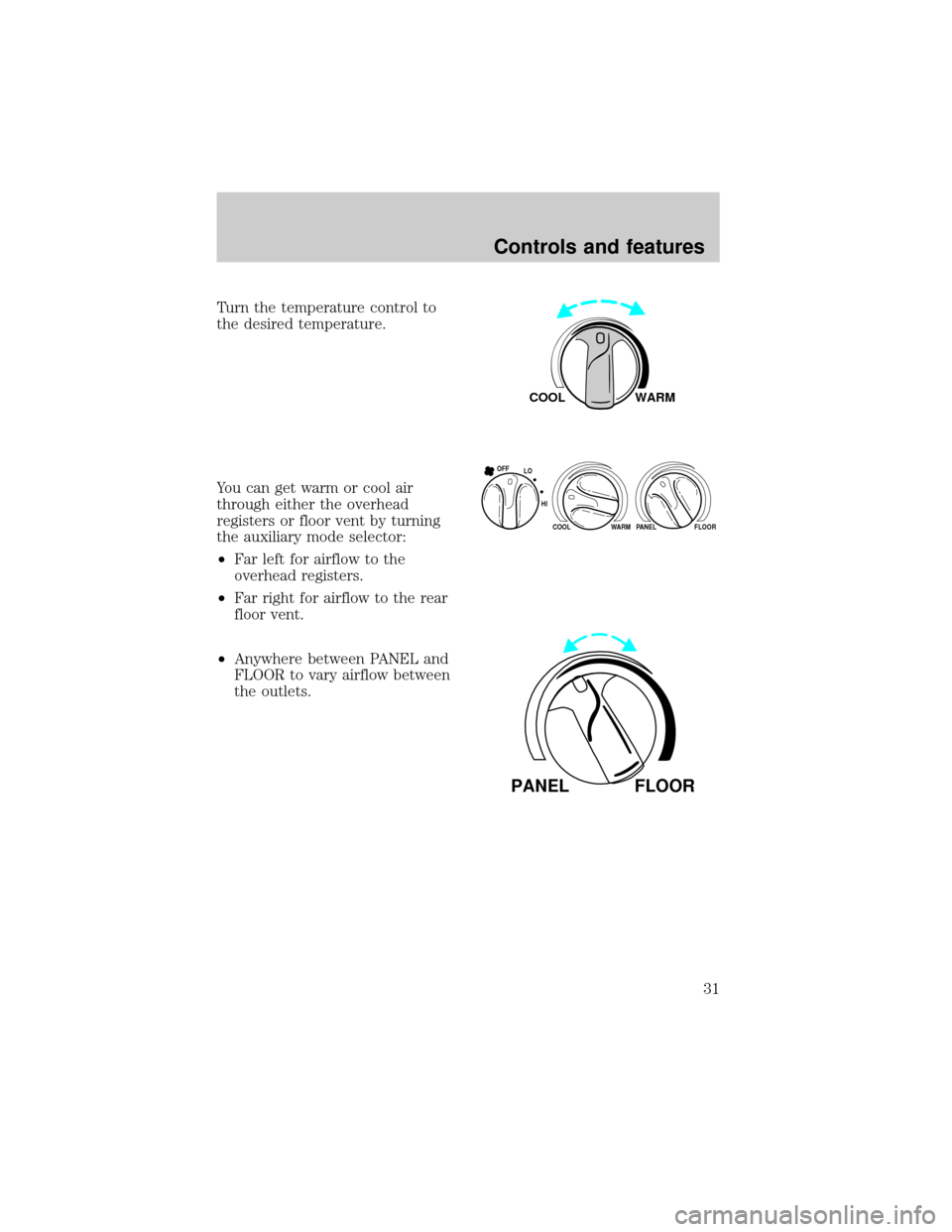 FORD EXPEDITION 1998 1.G Owners Manual Turn the temperature control to
the desired temperature.
You can get warm or cool air
through either the overhead
registers or floor vent by turning
the auxiliary mode selector:
²Far left for airflow