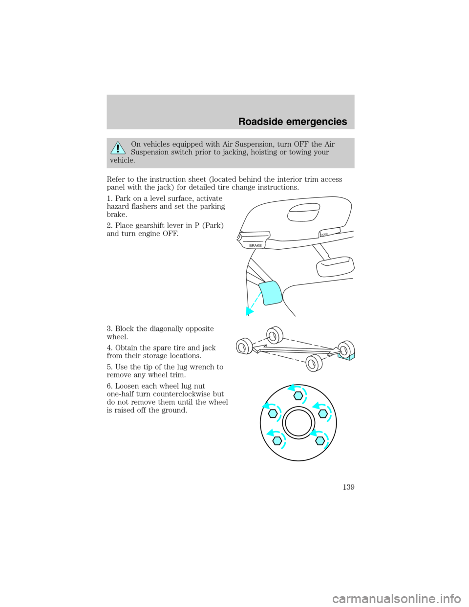 FORD EXPEDITION 1999 1.G Owners Manual On vehicles equipped with Air Suspension, turn OFF the Air
Suspension switch prior to jacking, hoisting or towing your
vehicle.
Refer to the instruction sheet (located behind the interior trim access
