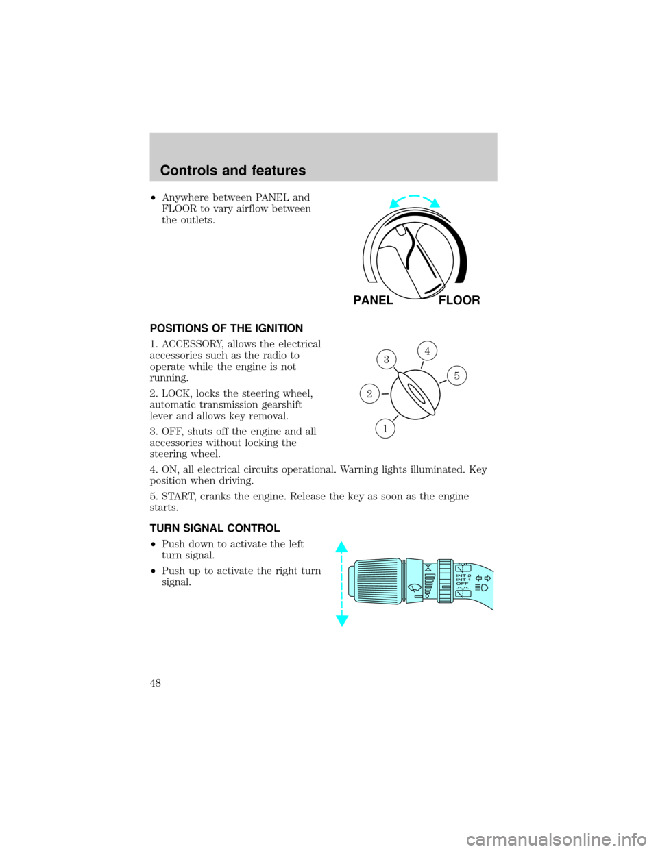 FORD EXPEDITION 1999 1.G Owners Manual ²Anywhere between PANEL and
FLOOR to vary airflow between
the outlets.
POSITIONS OF THE IGNITION
1. ACCESSORY, allows the electrical
accessories such as the radio to
operate while the engine is not
r