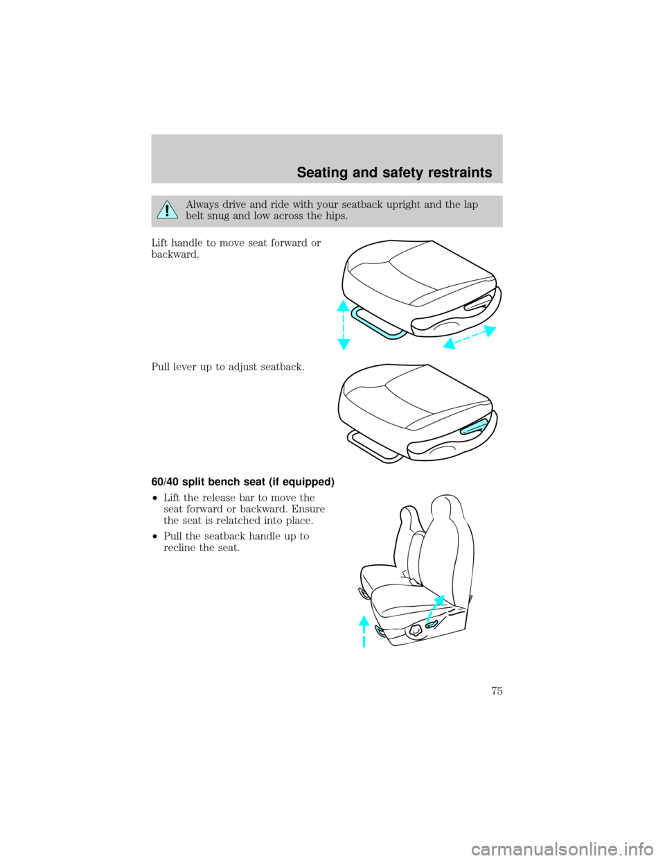 FORD EXPEDITION 1999 1.G Owners Manual Always drive and ride with your seatback upright and the lap
belt snug and low across the hips.
Lift handle to move seat forward or
backward.
Pull lever up to adjust seatback.
60/40 split bench seat (