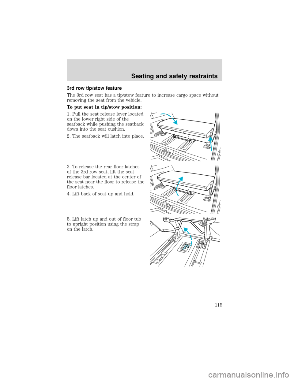 FORD EXPEDITION 2001 1.G Owners Manual 3rd row tip/stow feature
The 3rd row seat has a tip/stow feature to increase cargo space without
removing the seat from the vehicle.
To put seat in tip/stow position:
1. Pull the seat release lever lo