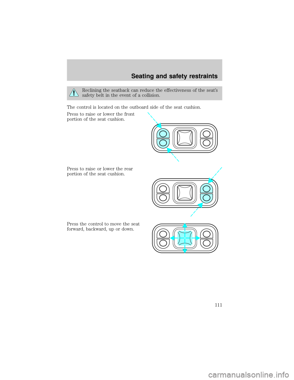 FORD EXPEDITION 2002 1.G Owners Manual Reclining the seatback can reduce the effectiveness of the seats
safety belt in the event of a collision.
The control is located on the outboard side of the seat cushion.
Press to raise or lower the 