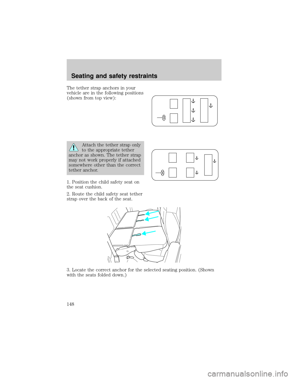 FORD EXPEDITION 2002 1.G Owners Manual The tether strap anchors in your
vehicle are in the following positions
(shown from top view):
Attach the tether strap only
to the appropriate tether
anchor as shown. The tether strap
may not work pro