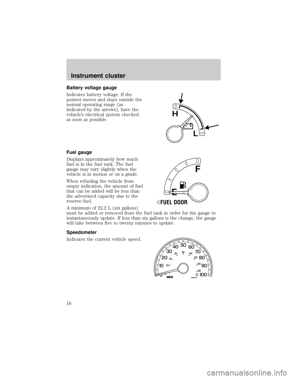 FORD EXPEDITION 2002 1.G Owners Manual Battery voltage gauge
Indicates battery voltage. If the
pointer moves and stays outside the
normal operating range (as
indicated by the arrows), have the
vehicles electrical system checked
as soon as
