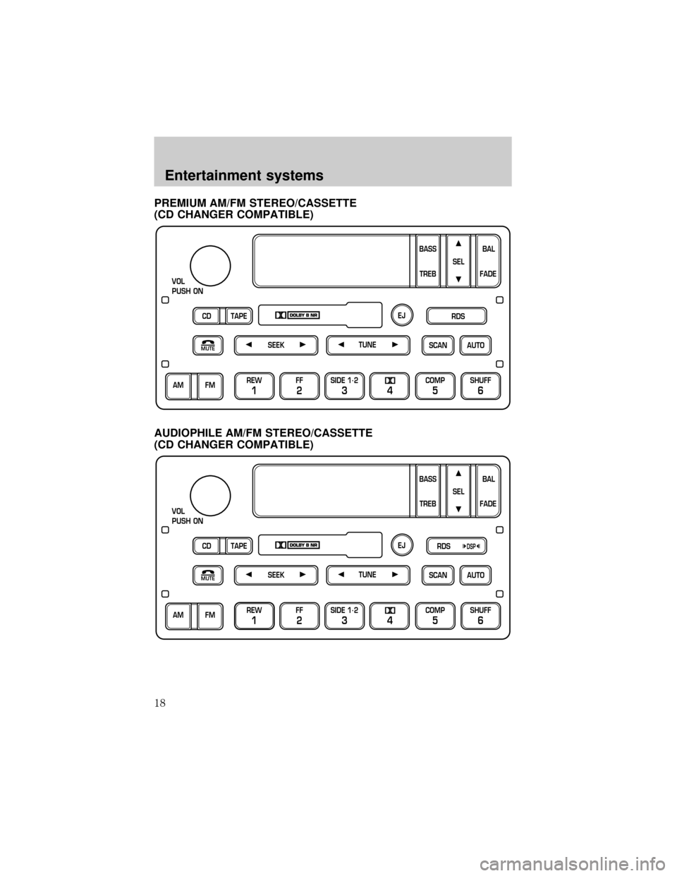 FORD EXPEDITION 2002 1.G Owners Manual PREMIUM AM/FM STEREO/CASSETTE
(CD CHANGER COMPATIBLE)
AUDIOPHILE AM/FM STEREO/CASSETTE
(CD CHANGER COMPATIBLE)
SCAN
VOL
PUSH ON
REW
1
FF
2
SIDE 1.
2
34
COMP
5
SHUFF
6
AUTO TUNE
SEEK
SEL
BAL
FADE
MUTE
