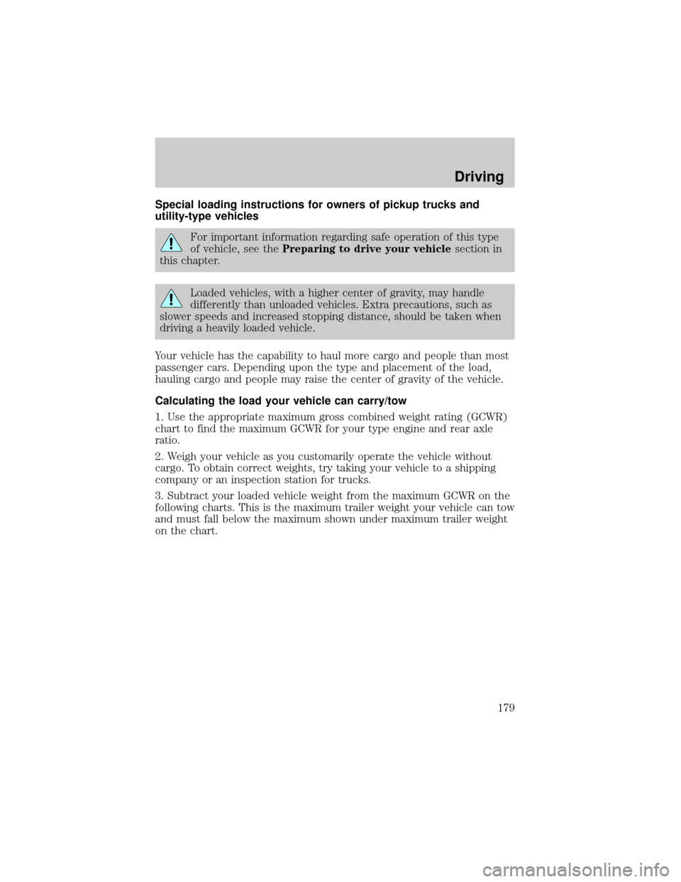 FORD EXPEDITION 2002 1.G Owners Manual Special loading instructions for owners of pickup trucks and
utility-type vehicles
For important information regarding safe operation of this type
of vehicle, see thePreparing to drive your vehiclesec