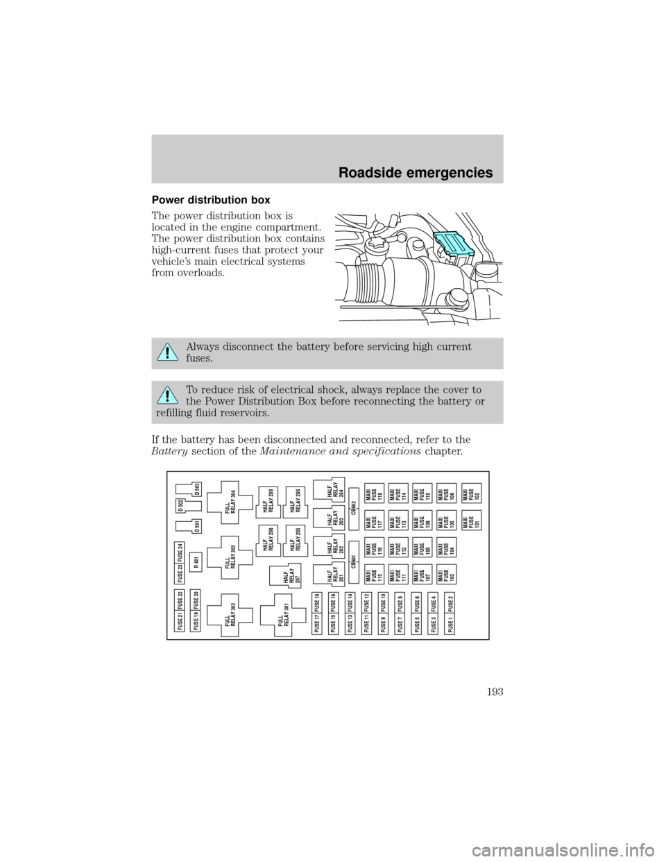 FORD EXPEDITION 2002 1.G Owners Manual Power distribution box
The power distribution box is
located in the engine compartment.
The power distribution box contains
high-current fuses that protect your
vehicles main electrical systems
from 