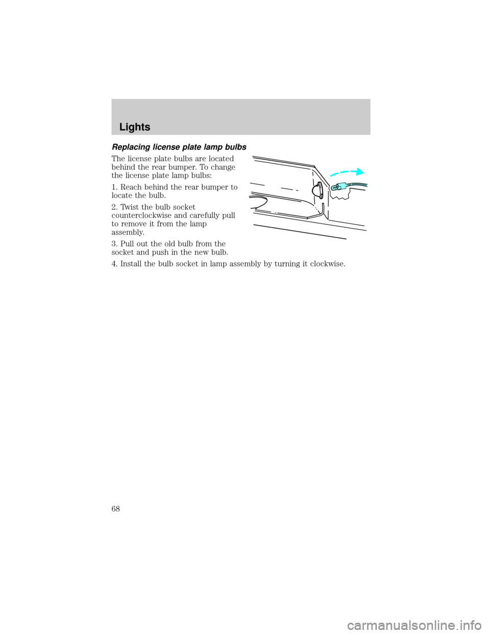 FORD EXPEDITION 2002 1.G Owners Manual Replacing license plate lamp bulbs
The license plate bulbs are located
behind the rear bumper. To change
the license plate lamp bulbs:
1. Reach behind the rear bumper to
locate the bulb.
2. Twist the 