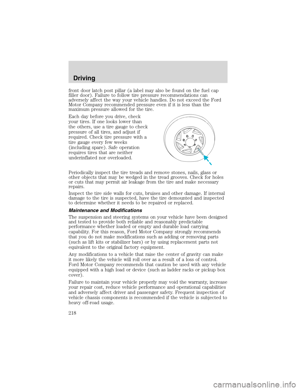 FORD EXPEDITION 2003 2.G Owners Manual front door latch post pillar (a label may also be found on the fuel cap
filler door). Failure to follow tire pressure recommendations can
adversely affect the way your vehicle handles. Do not exceed t