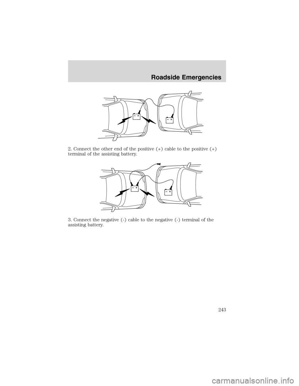 FORD EXPEDITION 2003 2.G Owners Manual 2. Connect the other end of the positive (+) cable to the positive (+)
terminal of the assisting battery.
3. Connect the negative (-) cable to the negative (-) terminal of the
assisting battery.
+–+