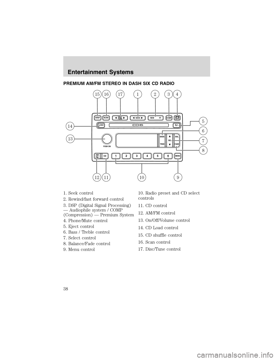 FORD EXPEDITION 2003 2.G Owners Manual PREMIUM AM/FM STEREO IN DASH SIX CD RADIO
1. Seek control
2. Rewind/fast forward control
3. DSP (Digital Signal Processing)
—Audiophile system / COMP
(Compression)—Premium System
4. Phone/Mute con