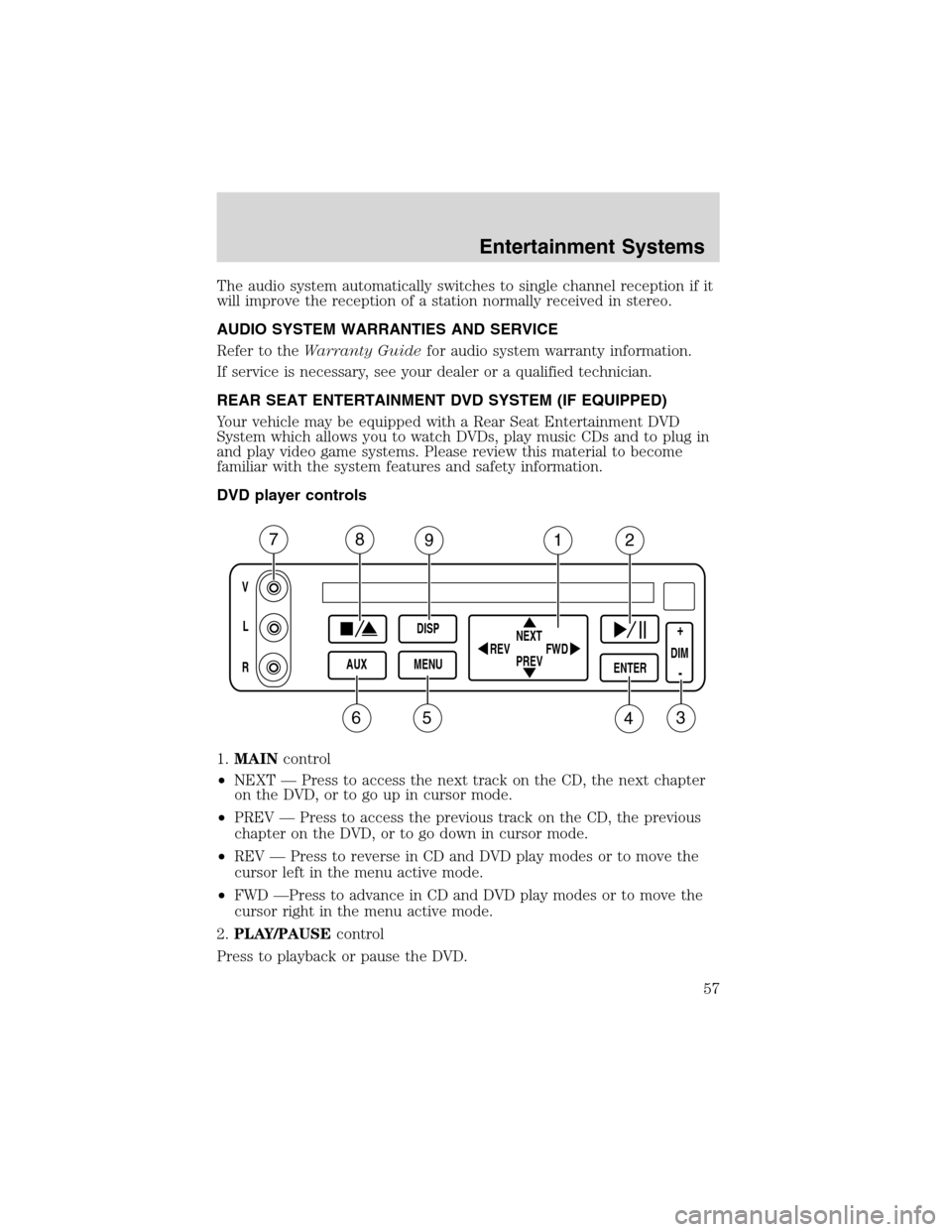 FORD EXPEDITION 2003 2.G Owners Manual The audio system automatically switches to single channel reception if it
will improve the reception of a station normally received in stereo.
AUDIO SYSTEM WARRANTIES AND SERVICE
Refer to theWarranty 