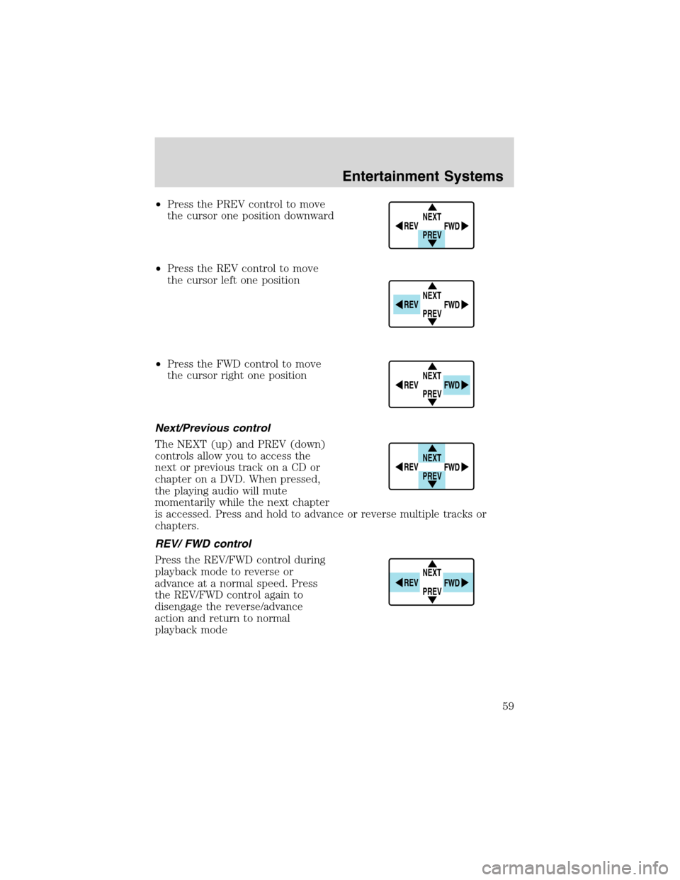 FORD EXPEDITION 2003 2.G Owners Manual •Press the PREV control to move
the cursor one position downward
•Press the REV control to move
the cursor left one position
•Press the FWD control to move
the cursor right one position
Next/Pre