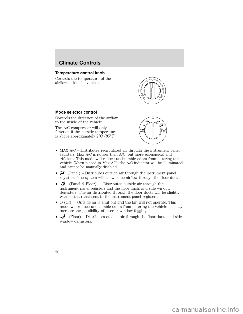 FORD EXPEDITION 2003 2.G Owners Manual Temperature control knob
Controls the temperature of the
airflow inside the vehicle.
Mode selector control
Controls the direction of the airflow
to the inside of the vehicle.
The A/C compressor will o FORD EXPEDITION 2003 2.G Owners Manual Temperature control knob
Controls the temperature of the
airflow inside the vehicle.
Mode selector control
Controls the direction of the airflow
to the inside of the vehicle.
The A/C compressor will o
