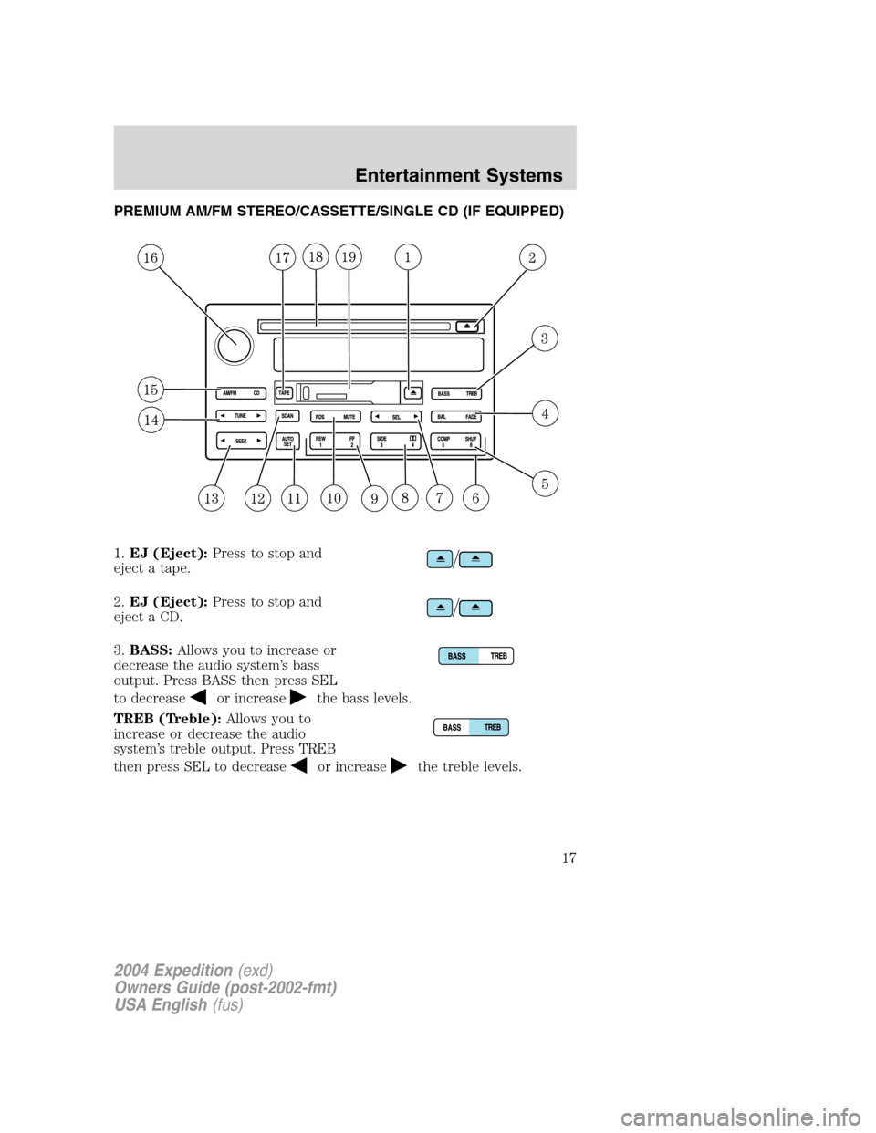 FORD EXPEDITION 2004 2.G Owners Manual PREMIUM AM/FM STEREO/CASSETTE/SINGLE CD (IF EQUIPPED)
1.EJ (Eject):Press to stop and
eject a tape.
2.EJ (Eject):Press to stop and
eject a CD.
3.BASS:Allows you to increase or
decrease the audio system
