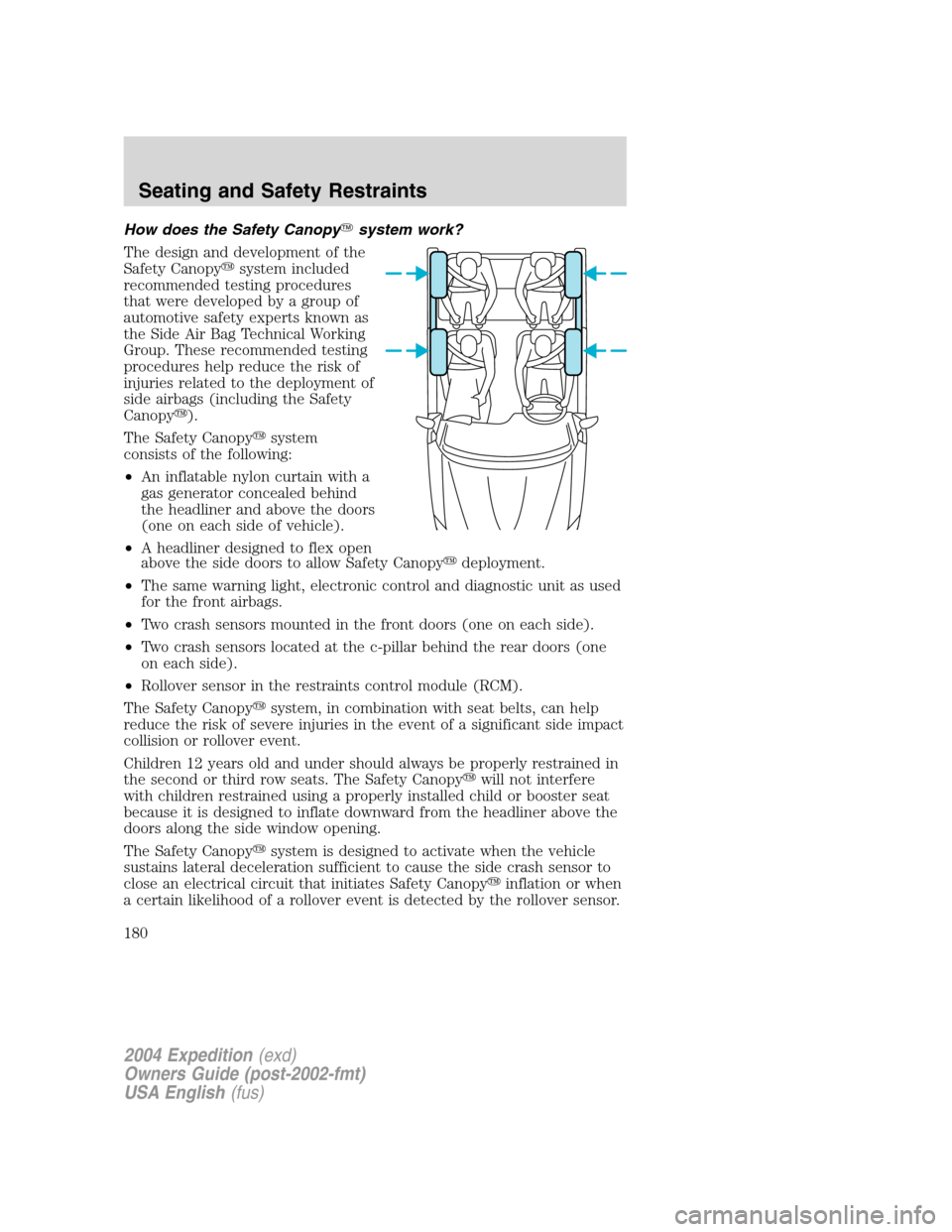 FORD EXPEDITION 2004 2.G Owners Manual How does the Safety Canopysystem work?
The design and development of the
Safety Canopysystem included
recommended testing procedures
that were developed by a group of
automotive safety experts known FORD EXPEDITION 2004 2.G Owners Manual How does the Safety Canopysystem work?
The design and development of the
Safety Canopysystem included
recommended testing procedures
that were developed by a group of
automotive safety experts known