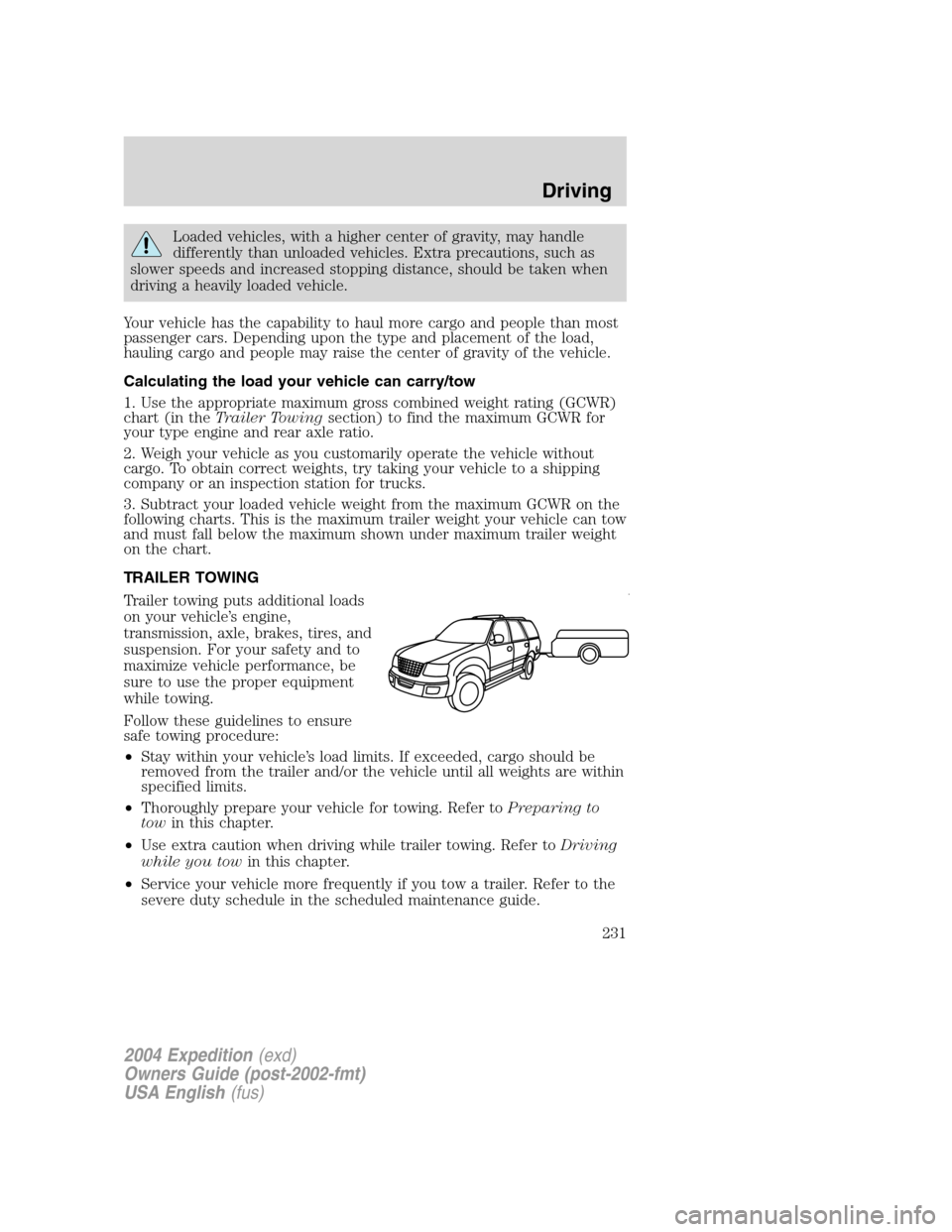 FORD EXPEDITION 2004 2.G Owners Manual Loaded vehicles, with a higher center of gravity, may handle
differently than unloaded vehicles. Extra precautions, such as
slower speeds and increased stopping distance, should be taken when
driving FORD EXPEDITION 2004 2.G Owners Manual Loaded vehicles, with a higher center of gravity, may handle
differently than unloaded vehicles. Extra precautions, such as
slower speeds and increased stopping distance, should be taken when
driving