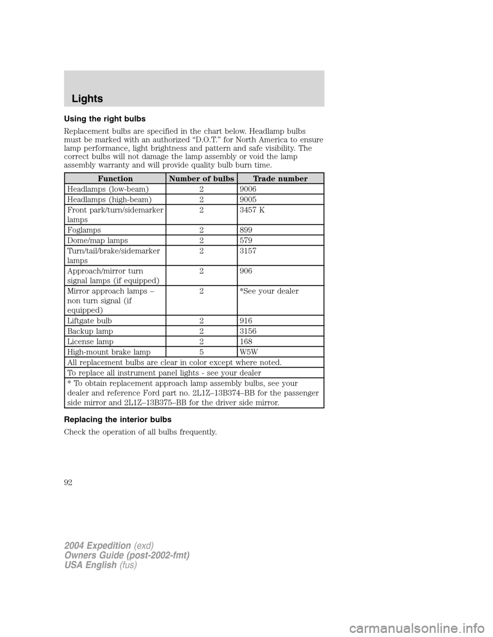 FORD EXPEDITION 2004 2.G Owners Manual Using the right bulbs
Replacement bulbs are specified in the chart below. Headlamp bulbs
must be marked with an authorized“D.O.T.”for North America to ensure
lamp performance, light brightness and