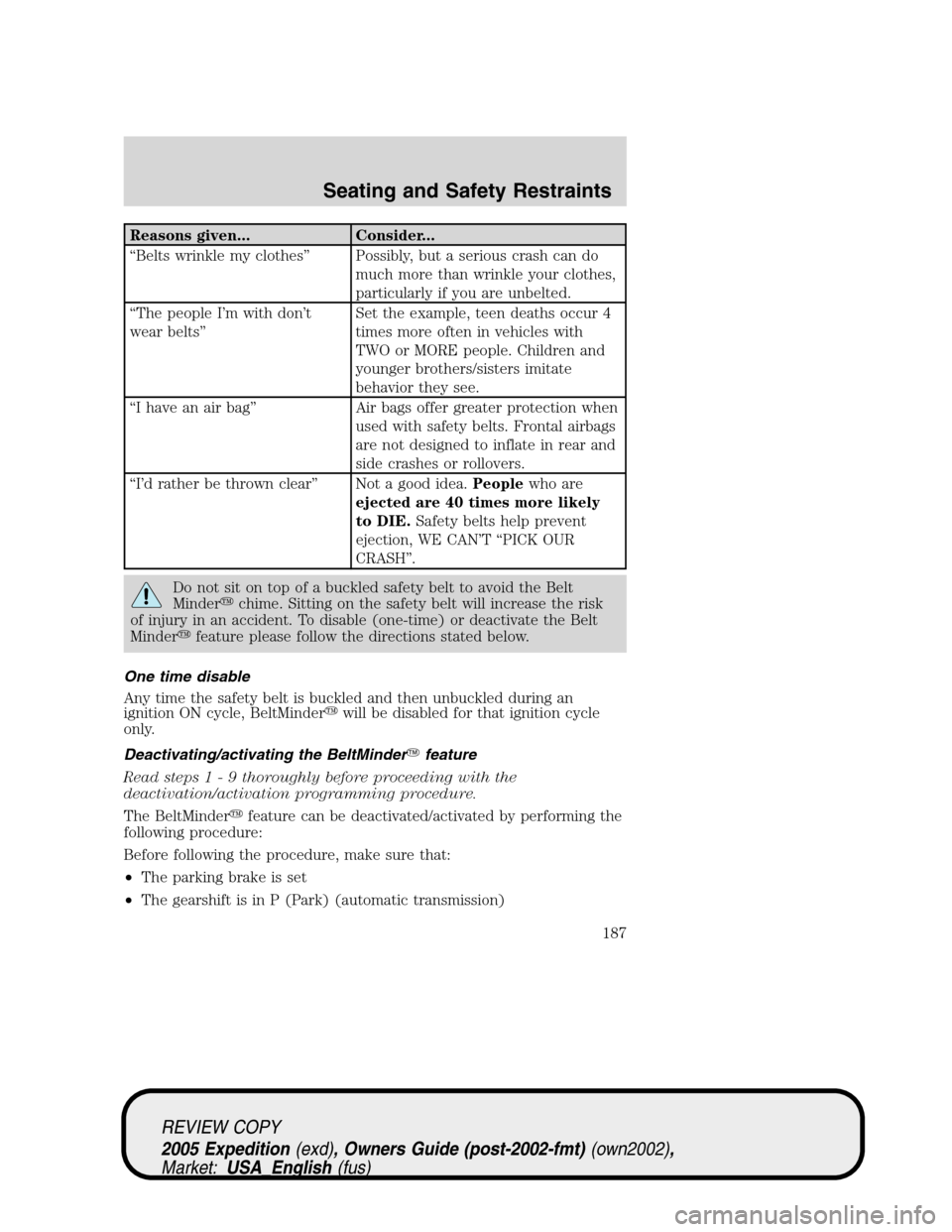 FORD EXPEDITION 2005 2.G Owners Manual Reasons given... Consider...
“Belts wrinkle my clothes” Possibly, but a serious crash can do
much more than wrinkle your clothes,
particularly if you are unbelted.
“The people I’m with don’t FORD EXPEDITION 2005 2.G Owners Manual Reasons given... Consider...
“Belts wrinkle my clothes” Possibly, but a serious crash can do
much more than wrinkle your clothes,
particularly if you are unbelted.
“The people I’m with don’t
