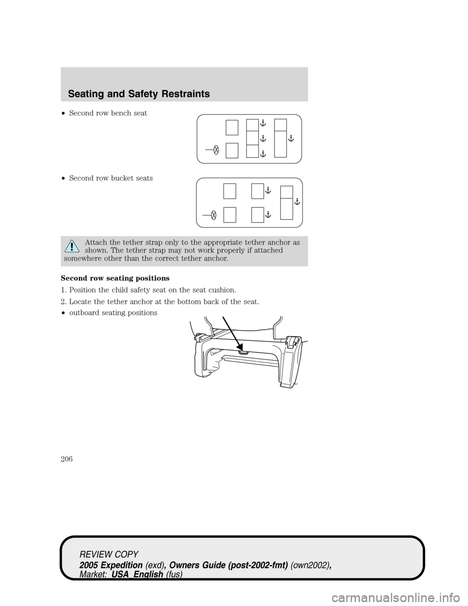 FORD EXPEDITION 2005 2.G Owners Manual •Second row bench seat
•Second row bucket seats
Attach the tether strap only to the appropriate tether anchor as
shown. The tether strap may not work properly if attached
somewhere other than the 