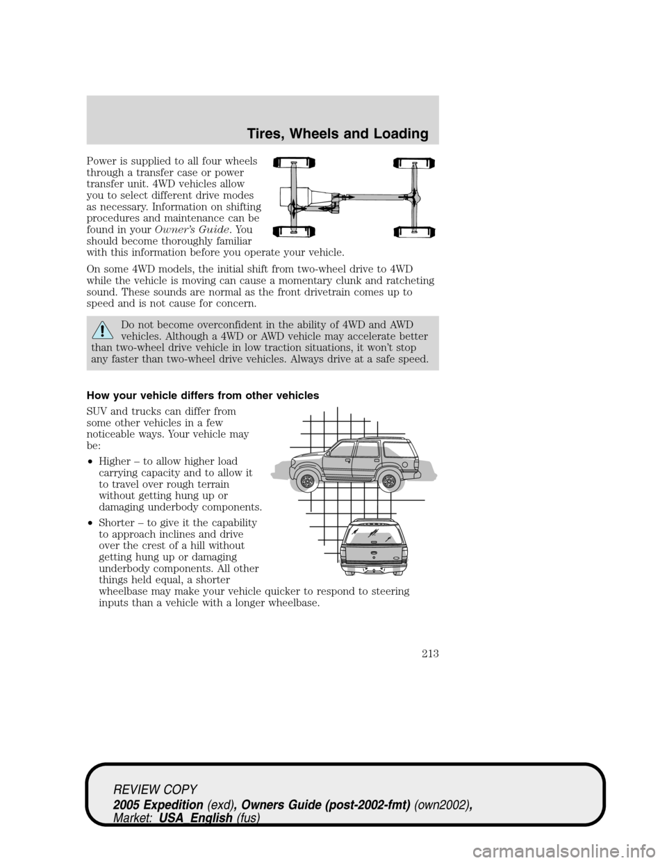 FORD EXPEDITION 2005 2.G Owners Manual Power is supplied to all four wheels
through a transfer case or power
transfer unit. 4WD vehicles allow
you to select different drive modes
as necessary. Information on shifting
procedures and mainten FORD EXPEDITION 2005 2.G Owners Manual Power is supplied to all four wheels
through a transfer case or power
transfer unit. 4WD vehicles allow
you to select different drive modes
as necessary. Information on shifting
procedures and mainten