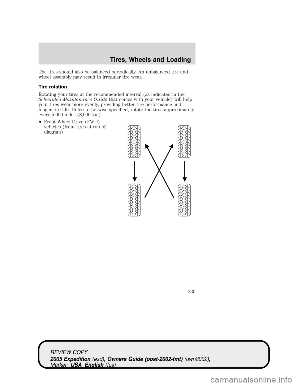 FORD EXPEDITION 2005 2.G Owners Manual The tires should also be balanced periodically. An unbalanced tire and
wheel assembly may result in irregular tire wear.
Tire rotation
Rotating your tires at the recommended interval (as indicated in 