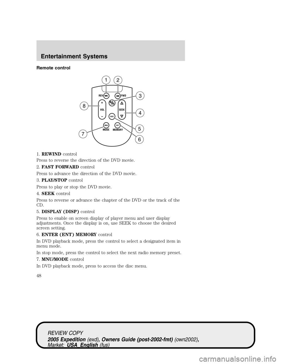 FORD EXPEDITION 2005 2.G Owners Manual Remote control
1.REWINDcontrol
Press to reverse the direction of the DVD movie.
2.FAST FORWARDcontrol
Press to advance the direction of the DVD movie.
3.PLAY/STOPcontrol
Press to play or stop the DVD 