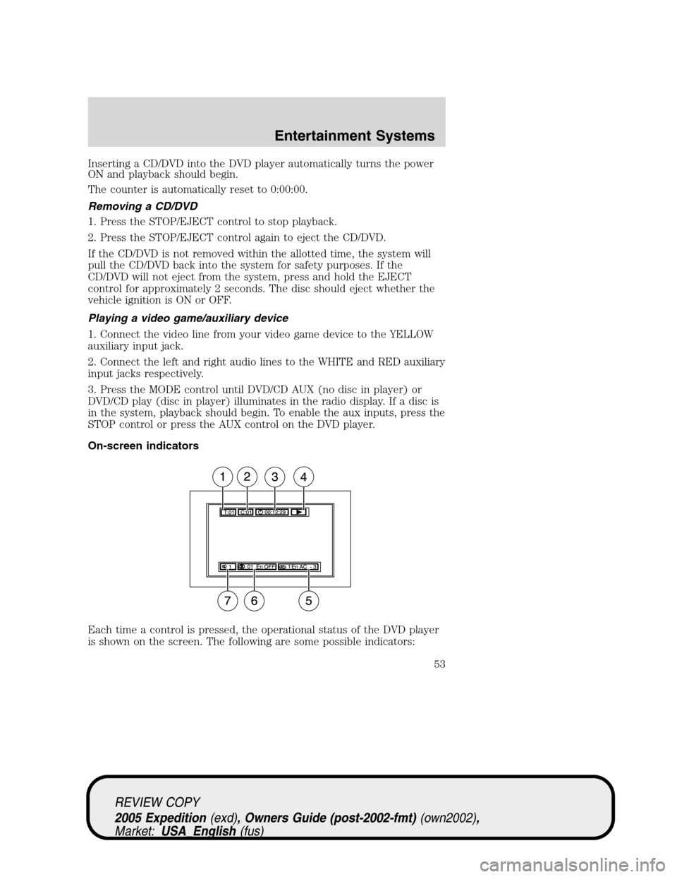 FORD EXPEDITION 2005 2.G Owners Manual Inserting a CD/DVD into the DVD player automatically turns the power
ON and playback should begin.
The counter is automatically reset to 0:00:00.
Removing a CD/DVD
1. Press the STOP/EJECT control to s FORD EXPEDITION 2005 2.G Owners Manual Inserting a CD/DVD into the DVD player automatically turns the power
ON and playback should begin.
The counter is automatically reset to 0:00:00.
Removing a CD/DVD
1. Press the STOP/EJECT control to s