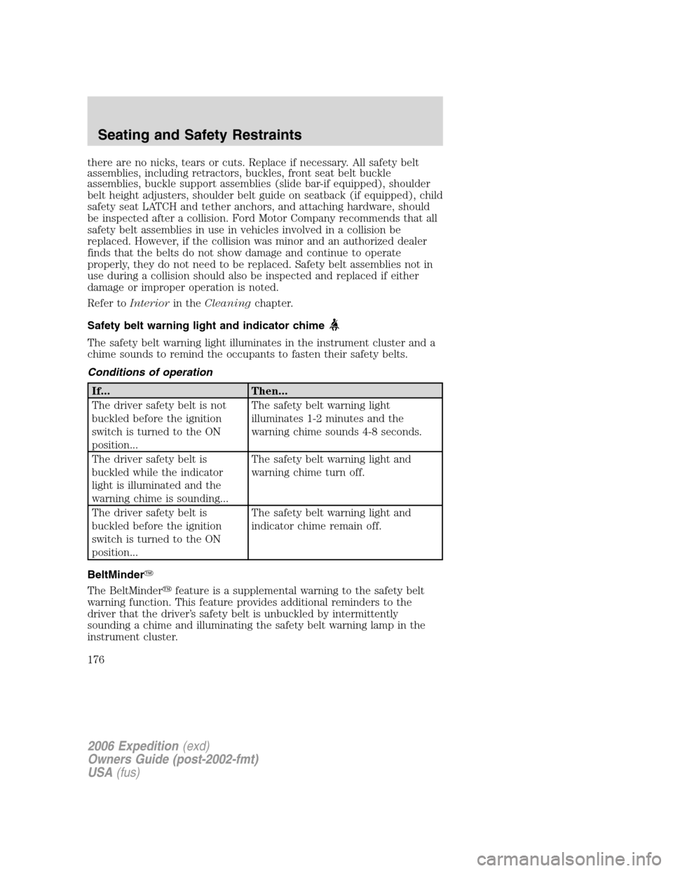 FORD EXPEDITION 2006 2.G Owners Manual there are no nicks, tears or cuts. Replace if necessary. All safety belt
assemblies, including retractors, buckles, front seat belt buckle
assemblies, buckle support assemblies (slide bar-if equipped) FORD EXPEDITION 2006 2.G Owners Manual there are no nicks, tears or cuts. Replace if necessary. All safety belt
assemblies, including retractors, buckles, front seat belt buckle
assemblies, buckle support assemblies (slide bar-if equipped)