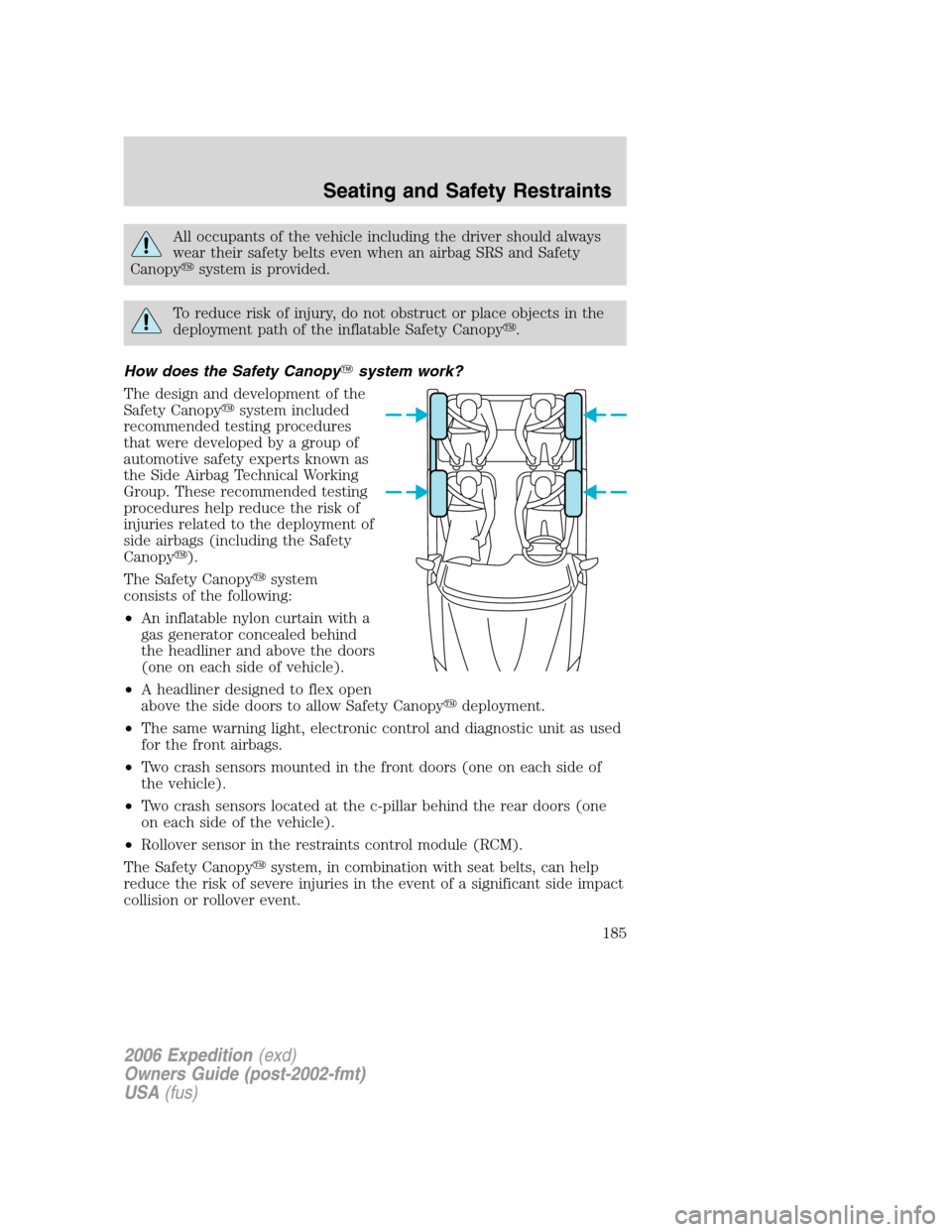 FORD EXPEDITION 2006 2.G Owners Manual All occupants of the vehicle including the driver should always
wear their safety belts even when an airbag SRS and Safety
Canopysystem is provided.
To reduce risk of injury, do not obstruct or place FORD EXPEDITION 2006 2.G Owners Manual All occupants of the vehicle including the driver should always
wear their safety belts even when an airbag SRS and Safety
Canopysystem is provided.
To reduce risk of injury, do not obstruct or place