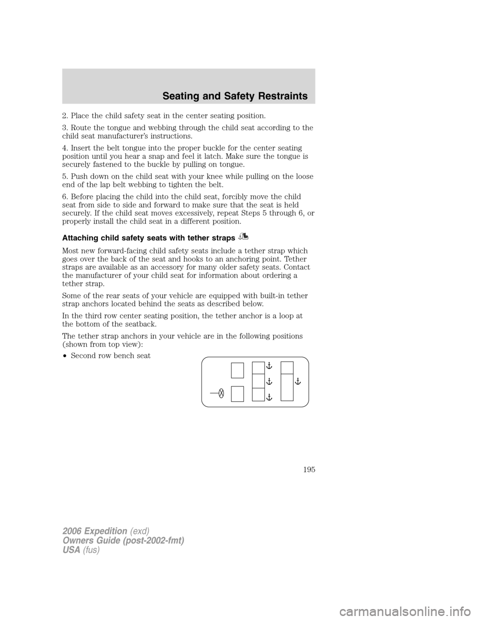 FORD EXPEDITION 2006 2.G Owners Manual 2. Place the child safety seat in the center seating position.
3. Route the tongue and webbing through the child seat according to the
child seat manufacturer’s instructions.
4. Insert the belt tong FORD EXPEDITION 2006 2.G Owners Manual 2. Place the child safety seat in the center seating position.
3. Route the tongue and webbing through the child seat according to the
child seat manufacturer’s instructions.
4. Insert the belt tong