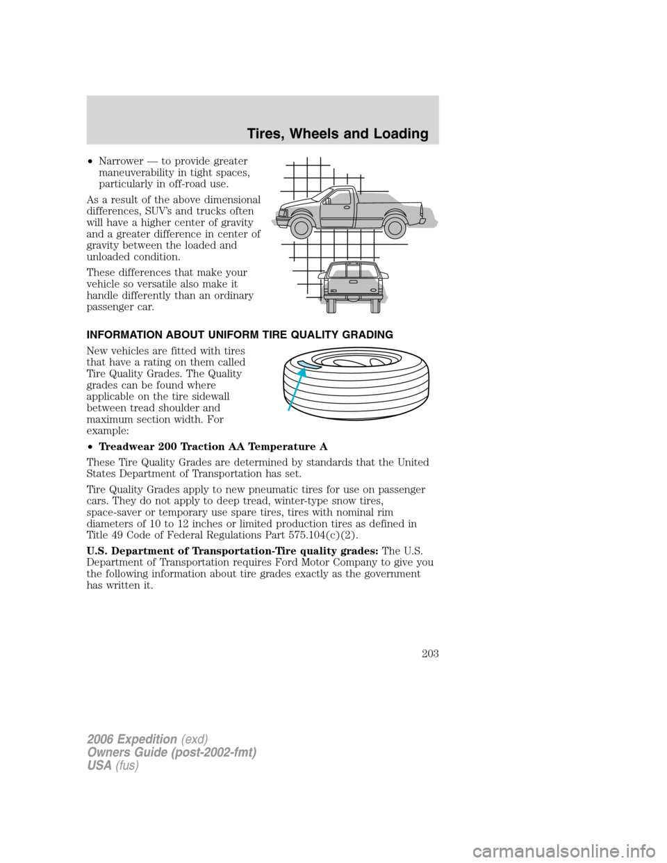 FORD EXPEDITION 2006 2.G Owners Manual •Narrower — to provide greater
maneuverability in tight spaces,
particularly in off-road use.
As a result of the above dimensional
differences, SUV’s and trucks often
will have a higher center o FORD EXPEDITION 2006 2.G Owners Manual •Narrower — to provide greater
maneuverability in tight spaces,
particularly in off-road use.
As a result of the above dimensional
differences, SUV’s and trucks often
will have a higher center o