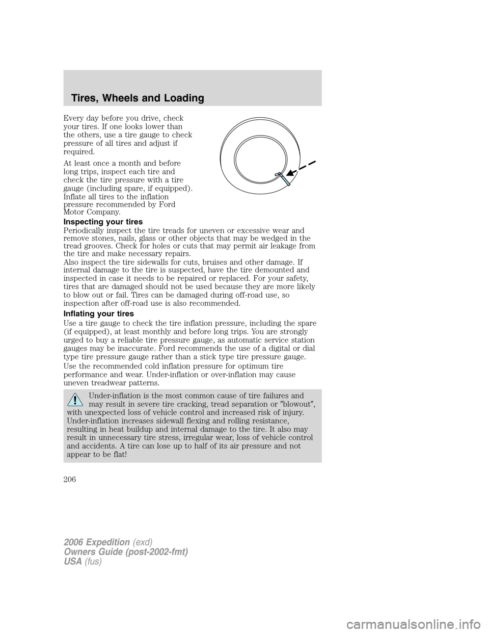 FORD EXPEDITION 2006 2.G Owners Manual Every day before you drive, check
your tires. If one looks lower than
the others, use a tire gauge to check
pressure of all tires and adjust if
required.
At least once a month and before
long trips, i FORD EXPEDITION 2006 2.G Owners Manual Every day before you drive, check
your tires. If one looks lower than
the others, use a tire gauge to check
pressure of all tires and adjust if
required.
At least once a month and before
long trips, i
