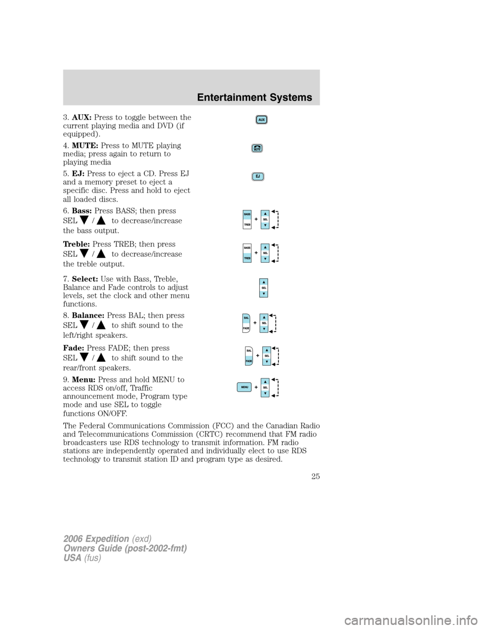 FORD EXPEDITION 2006 2.G Owners Manual 3.AUX:Press to toggle between the
current playing media and DVD (if
equipped).
4.MUTE:Press to MUTE playing
media; press again to return to
playing media
5.EJ:Press to eject a CD. Press EJ
and a memor FORD EXPEDITION 2006 2.G Owners Manual 3.AUX:Press to toggle between the
current playing media and DVD (if
equipped).
4.MUTE:Press to MUTE playing
media; press again to return to
playing media
5.EJ:Press to eject a CD. Press EJ
and a memor