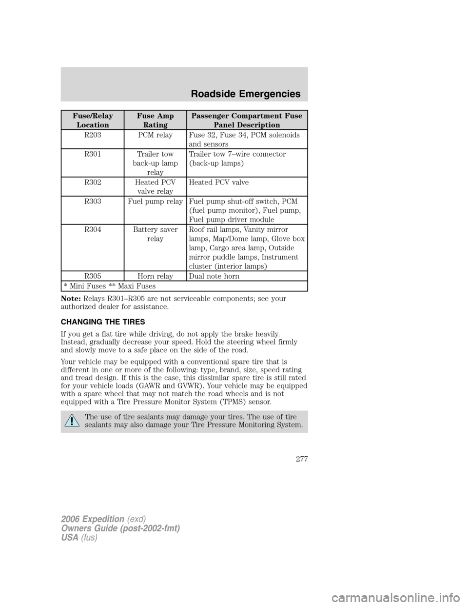 FORD EXPEDITION 2006 2.G Owners Manual Fuse/Relay
LocationFuse Amp
RatingPassenger Compartment Fuse
Panel Description
R203 PCM relay Fuse 32, Fuse 34, PCM solenoids
and sensors
R301 Trailer tow
back-up lamp
relayTrailer tow 7–wire connec FORD EXPEDITION 2006 2.G Owners Manual Fuse/Relay
LocationFuse Amp
RatingPassenger Compartment Fuse
Panel Description
R203 PCM relay Fuse 32, Fuse 34, PCM solenoids
and sensors
R301 Trailer tow
back-up lamp
relayTrailer tow 7–wire connec