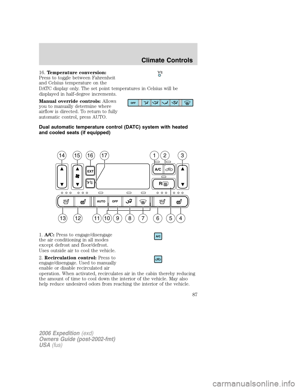 FORD EXPEDITION 2006 2.G Owners Manual 16.Temperature conversion:
Press to toggle between Fahrenheit
and Celsius temperature on the
DATC display only. The set point temperatures in Celsius will be
displayed in half-degree increments.
Manua