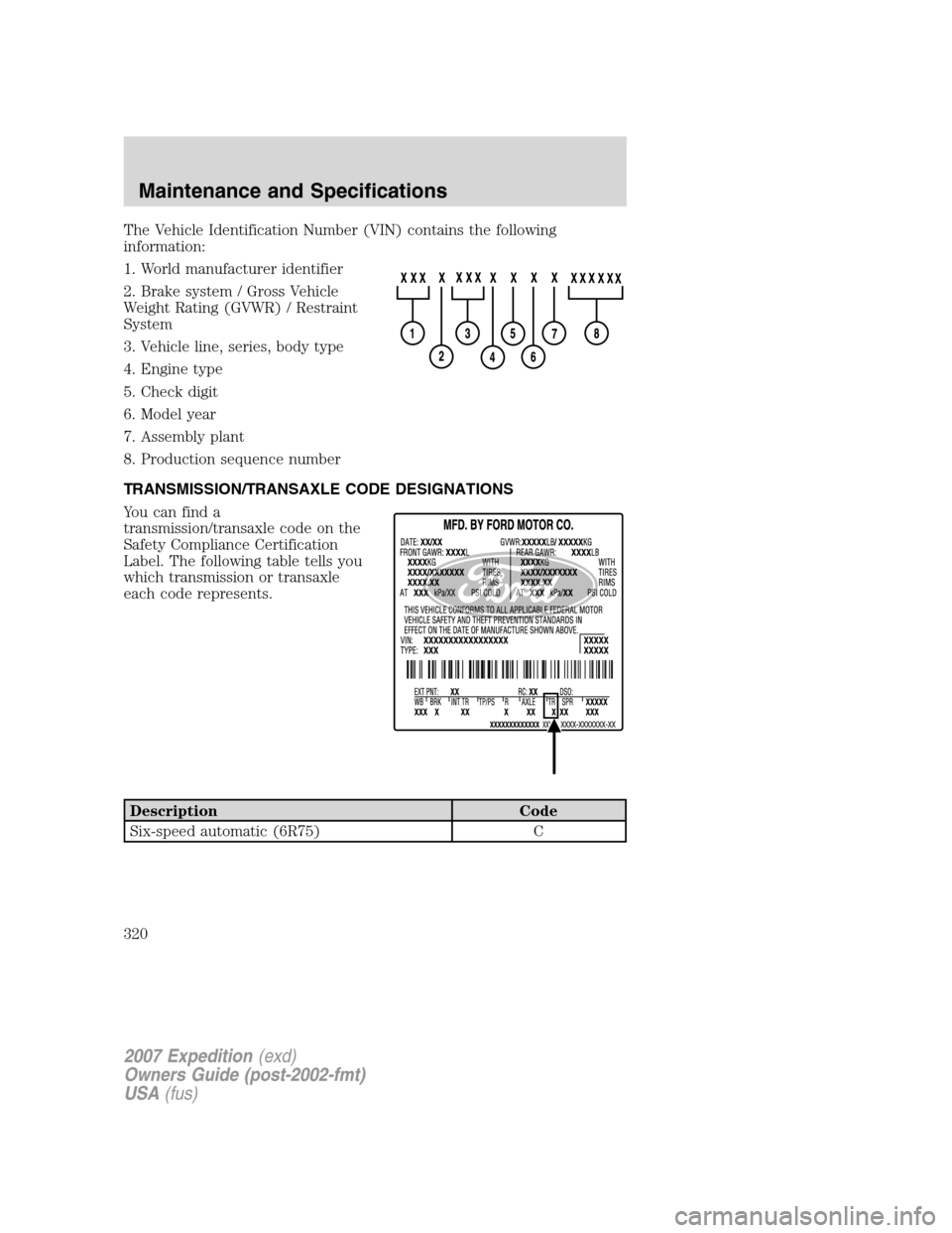 FORD EXPEDITION 2007 3.G Owners Manual The Vehicle Identification Number (VIN) contains the following
information:
1. World manufacturer identifier
2. Brake system / Gross Vehicle
Weight Rating (GVWR) / Restraint
System
3. Vehicle line, se