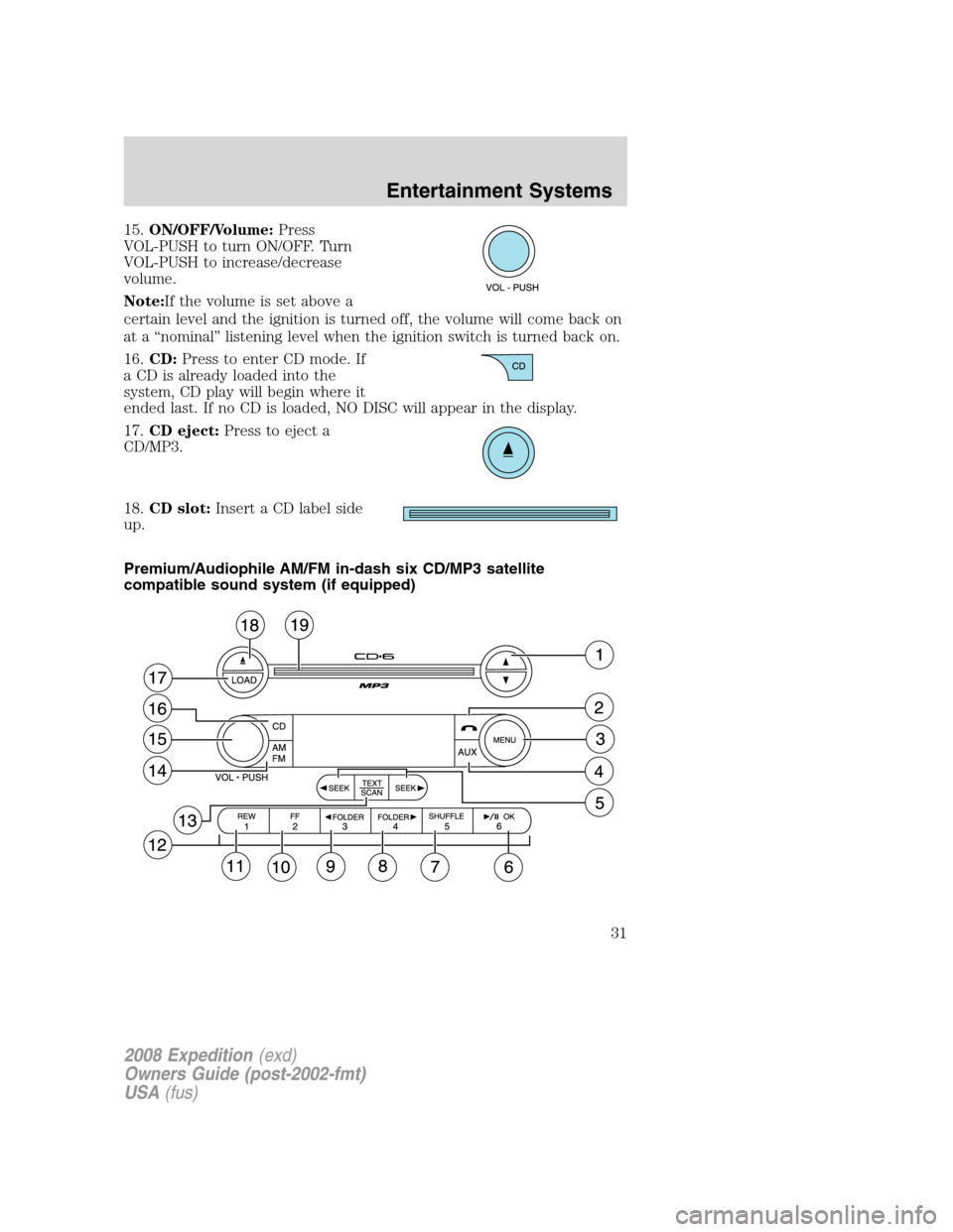 FORD EXPEDITION 2008 3.G Owners Manual 15.ON/OFF/Volume:Press
VOL-PUSH to turn ON/OFF. Turn
VOL-PUSH to increase/decrease
volume.
Note:If the volume is set above a
certain level and the ignition is turned off, the volume will come back on
