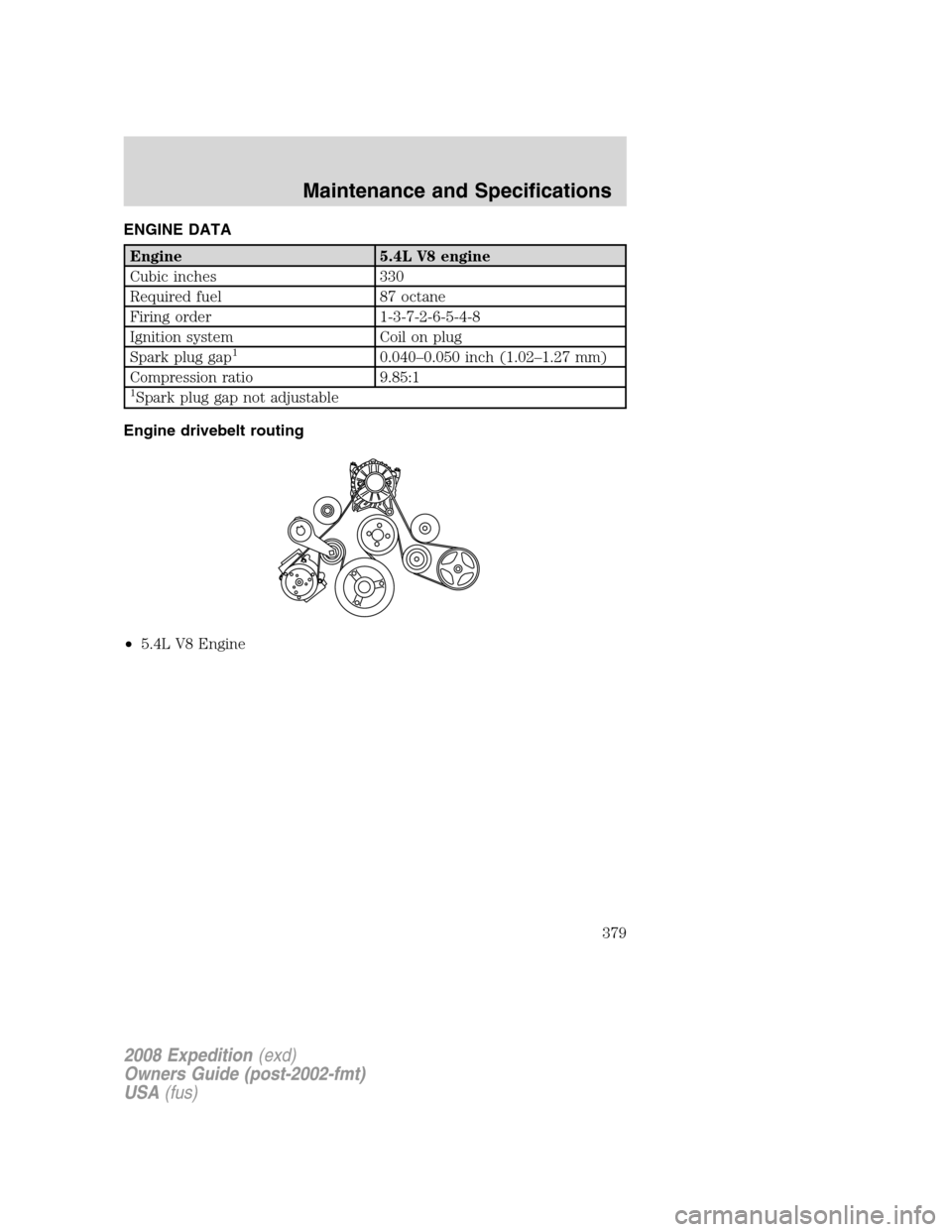 FORD EXPEDITION 2008 3.G Owners Manual ENGINE DATA
Engine 5.4L V8 engine
Cubic inches 330
Required fuel 87 octane
Firing order 1-3-7-2-6-5-4-8
Ignition system Coil on plug
Spark plug gap
10.040–0.050 inch (1.02–1.27 mm)
Compression rat