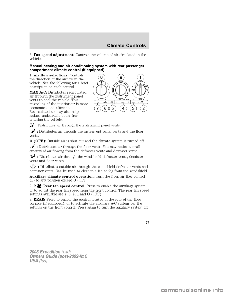 FORD EXPEDITION 2008 3.G Owners Manual 6.Fan speed adjustment:Controls the volume of air circulated in the
vehicle.
Manual heating and air conditioning system with rear passenger
compartment climate control (if equipped)
1.Air flow selecti FORD EXPEDITION 2008 3.G Owners Manual 6.Fan speed adjustment:Controls the volume of air circulated in the
vehicle.
Manual heating and air conditioning system with rear passenger
compartment climate control (if equipped)
1.Air flow selecti