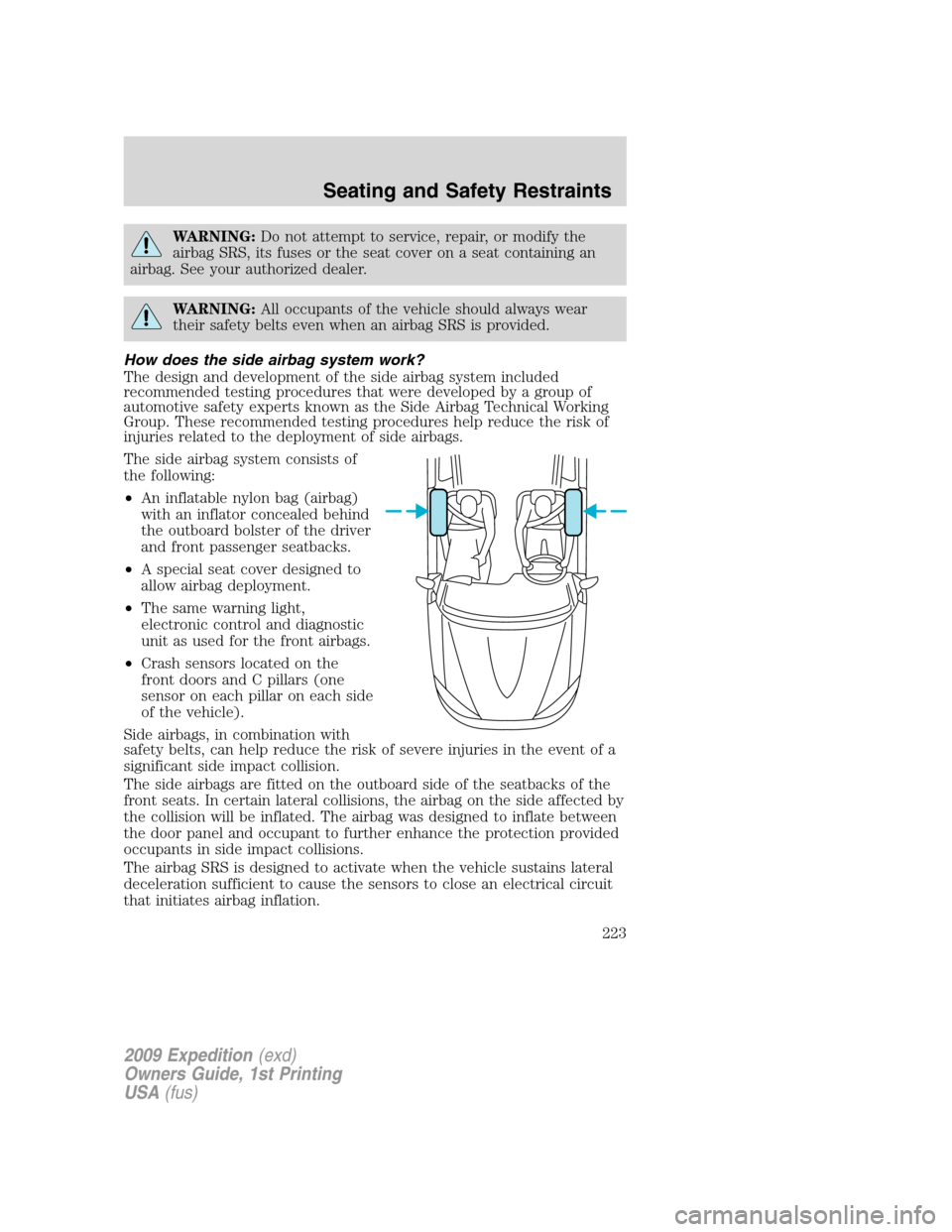 FORD EXPEDITION 2009 3.G Owners Manual WARNING:Do not attempt to service, repair, or modify the
airbag SRS, its fuses or the seat cover on a seat containing an
airbag. See your authorized dealer.
WARNING:All occupants of the vehicle should FORD EXPEDITION 2009 3.G Owners Manual WARNING:Do not attempt to service, repair, or modify the
airbag SRS, its fuses or the seat cover on a seat containing an
airbag. See your authorized dealer.
WARNING:All occupants of the vehicle should