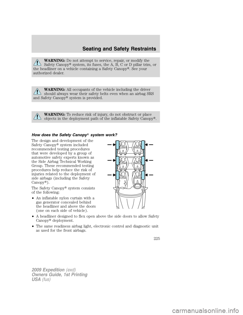FORD EXPEDITION 2009 3.G Owners Manual WARNING:Do not attempt to service, repair, or modify the
Safety Canopysystem, its fuses, the A, B, C or D pillar trim, or
the headliner on a vehicle containing a Safety Canopy. See your
authorized d FORD EXPEDITION 2009 3.G Owners Manual WARNING:Do not attempt to service, repair, or modify the
Safety Canopysystem, its fuses, the A, B, C or D pillar trim, or
the headliner on a vehicle containing a Safety Canopy. See your
authorized d