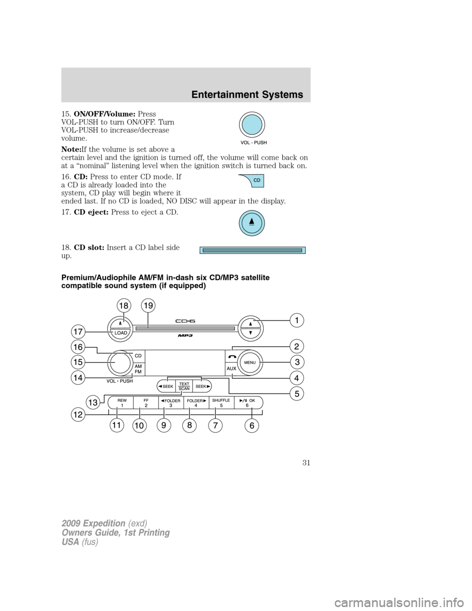 FORD EXPEDITION 2009 3.G Owners Manual 15.ON/OFF/Volume:Press
VOL-PUSH to turn ON/OFF. Turn
VOL-PUSH to increase/decrease
volume.
Note:If the volume is set above a
certain level and the ignition is turned off, the volume will come back on
