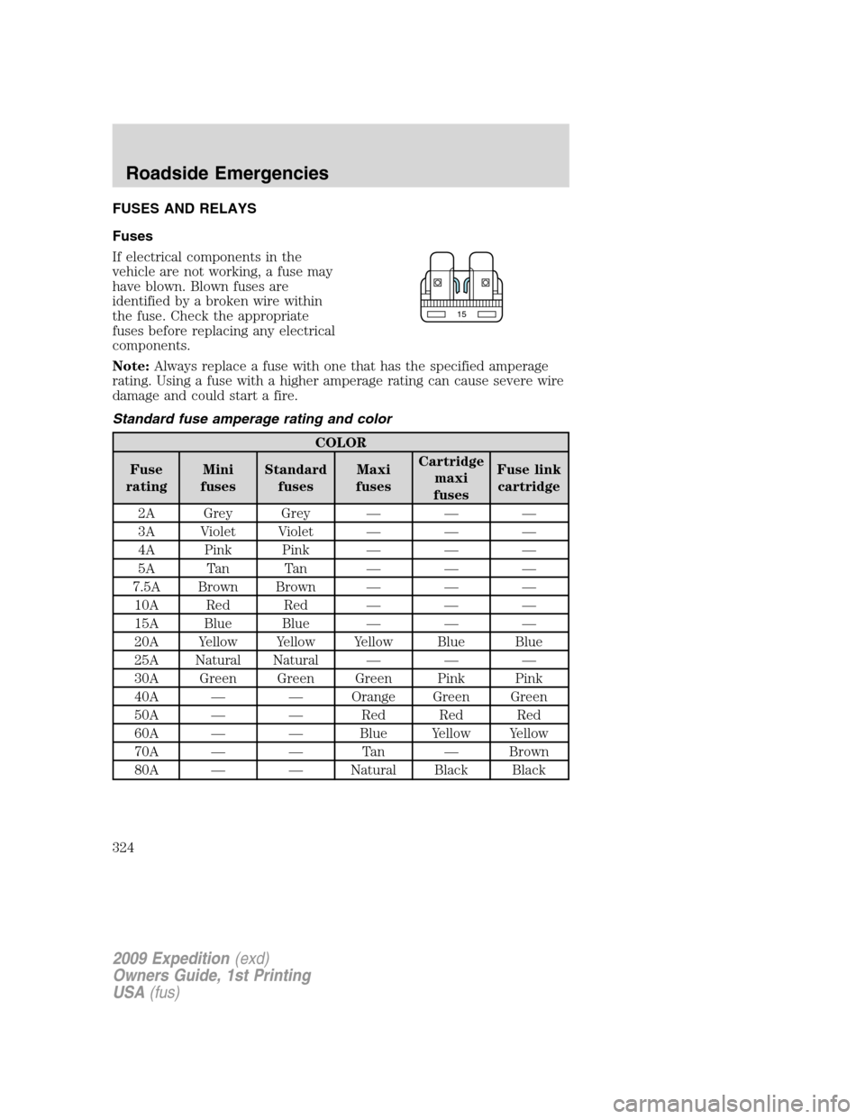 FORD EXPEDITION 2009 3.G Owners Manual FUSES AND RELAYS
Fuses
If electrical components in the
vehicle are not working, a fuse may
have blown. Blown fuses are
identified by a broken wire within
the fuse. Check the appropriate
fuses before r
