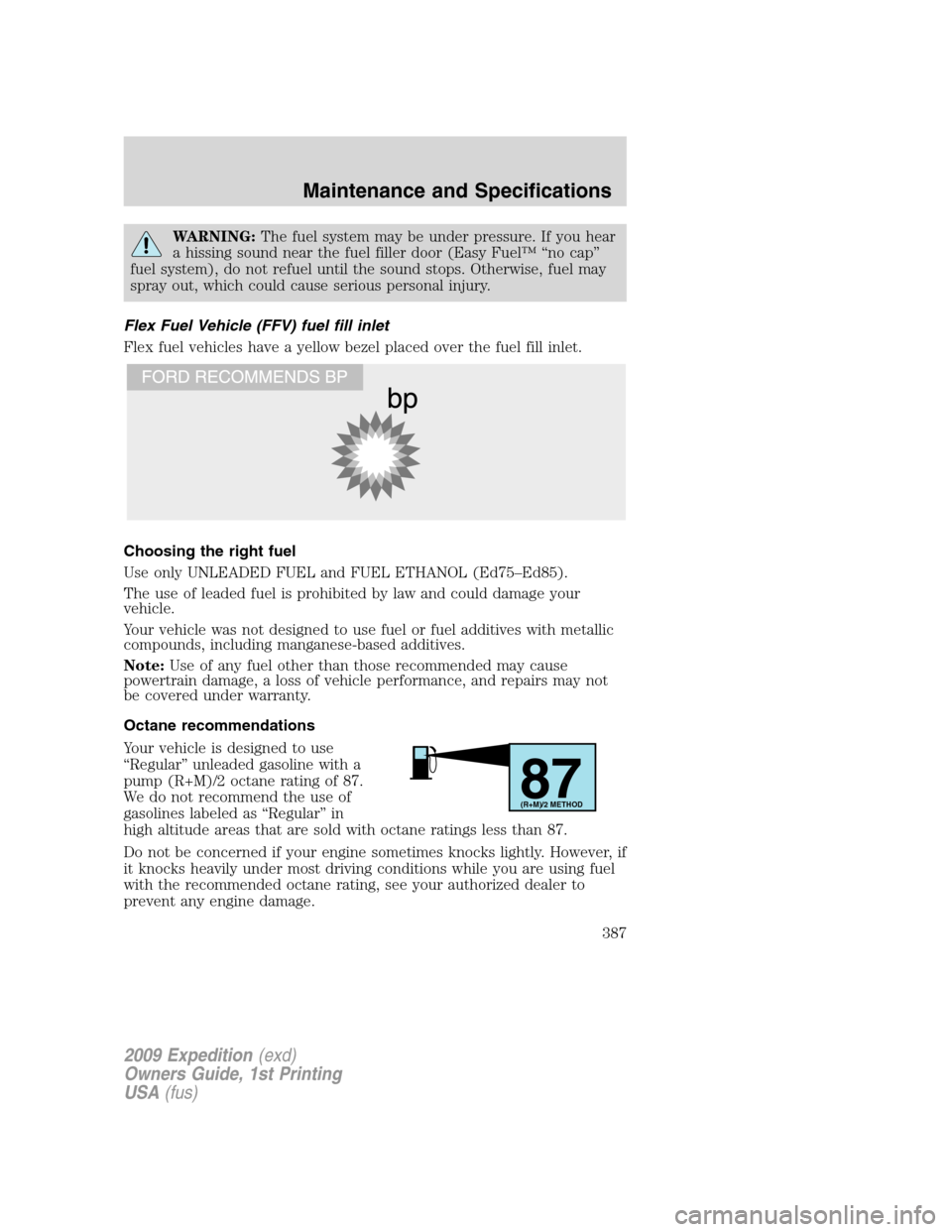 FORD EXPEDITION 2009 3.G Owners Manual WARNING:The fuel system may be under pressure. If you hear
a hissing sound near the fuel filler door (Easy Fuel™ “no cap”
fuel system), do not refuel until the sound stops. Otherwise, fuel may
s FORD EXPEDITION 2009 3.G Owners Manual WARNING:The fuel system may be under pressure. If you hear
a hissing sound near the fuel filler door (Easy Fuel™ “no cap”
fuel system), do not refuel until the sound stops. Otherwise, fuel may
s
