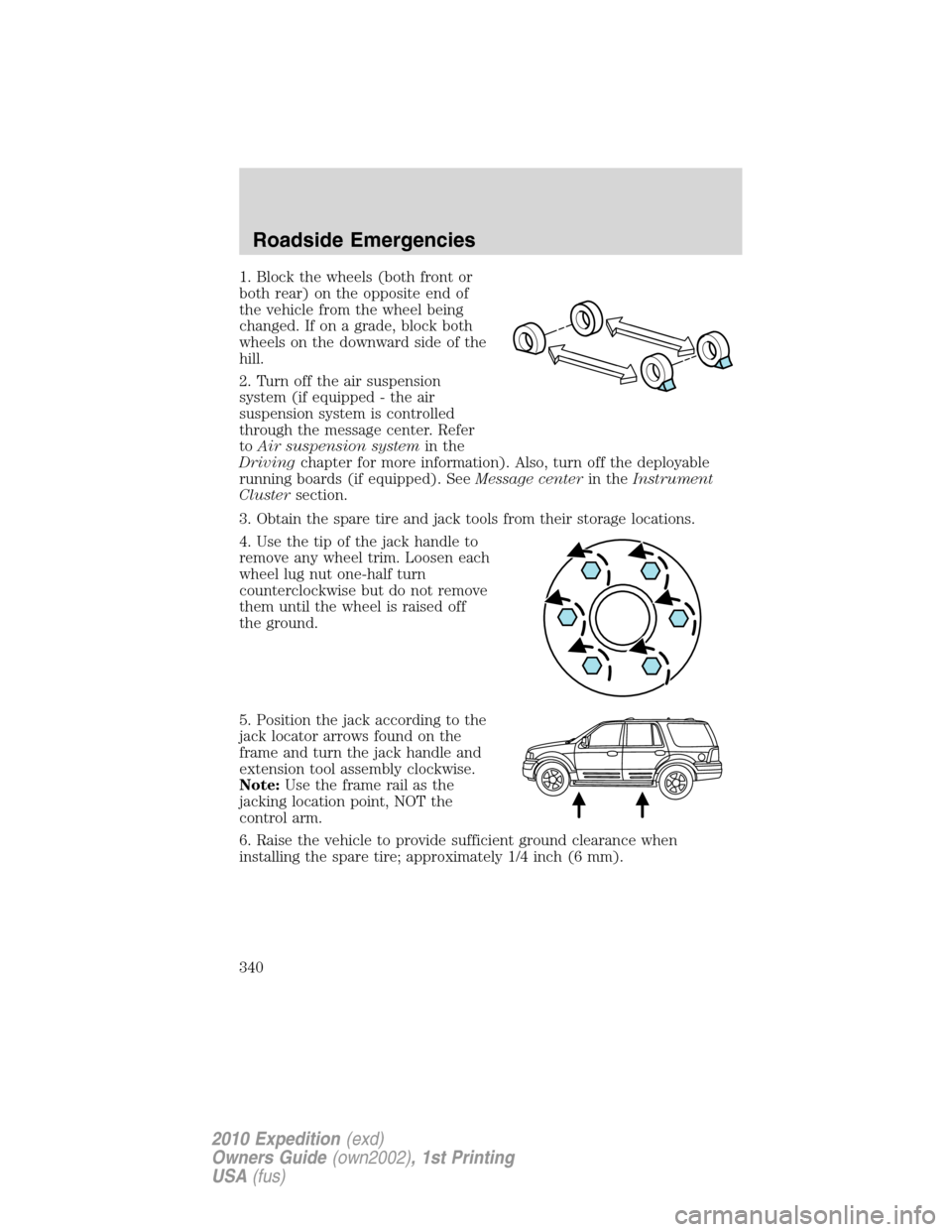 FORD EXPEDITION 2010 3.G Owners Manual 1. Block the wheels (both front or
both rear) on the opposite end of
the vehicle from the wheel being
changed. If on a grade, block both
wheels on the downward side of the
hill.
2. Turn off the air su