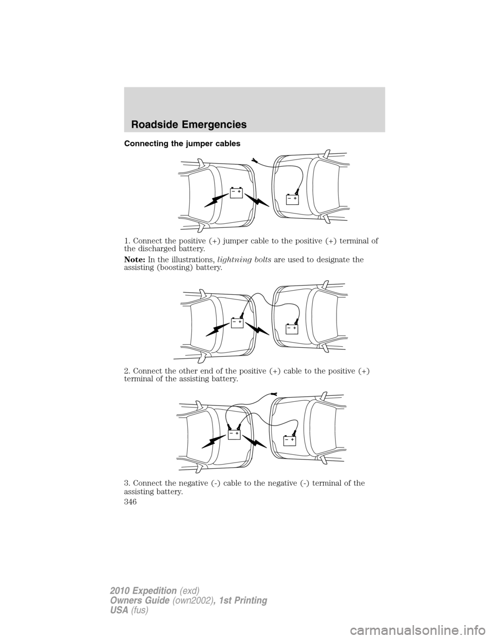 FORD EXPEDITION 2010 3.G Owners Manual Connecting the jumper cables
1. Connect the positive (+) jumper cable to the positive (+) terminal of
the discharged battery.
Note:In the illustrations,lightning boltsare used to designate the
assisti