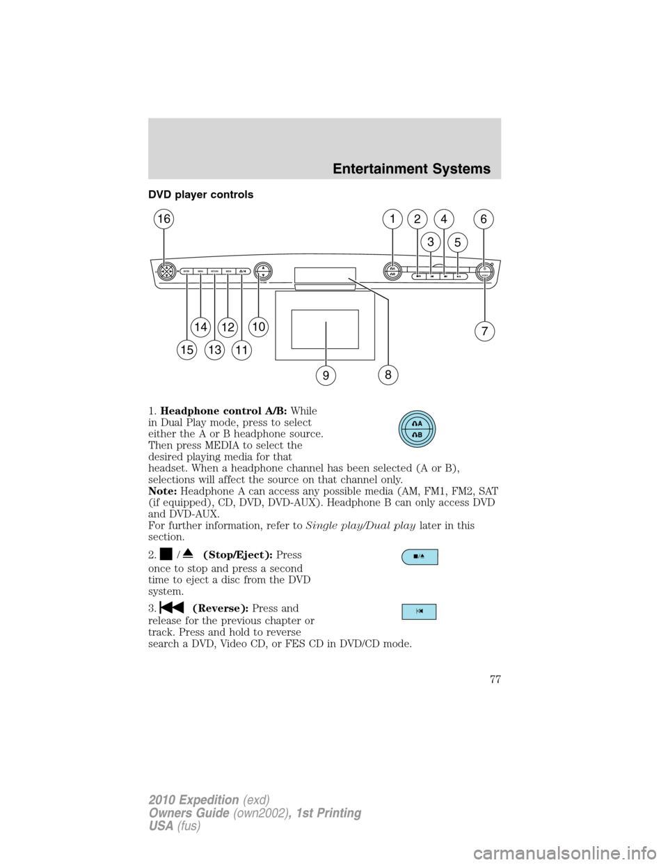 FORD EXPEDITION 2010 3.G Owners Manual DVD player controls
1.Headphone control A/B:While
in Dual Play mode, press to select
either the A or B headphone source.
Then press MEDIA to select the
desired playing media for that
headset. When a h